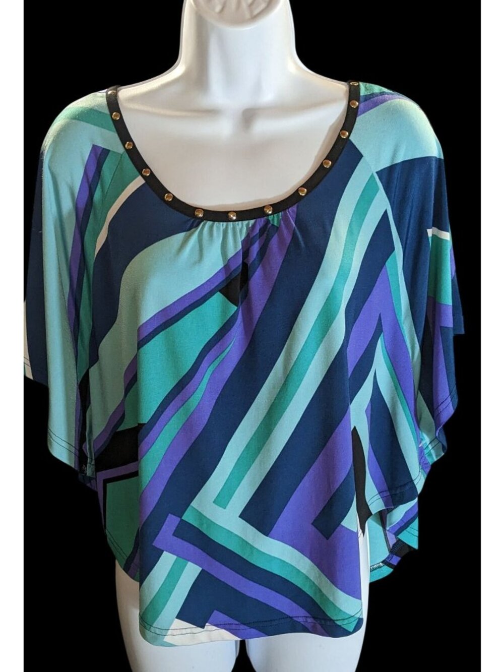 Vintage Candie's Colorblock Blouse Blue Green Geometric Abstract Top